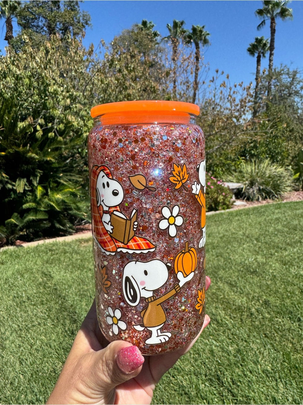 Snoopy Fall autumn snow globe glass Tumble 16oz